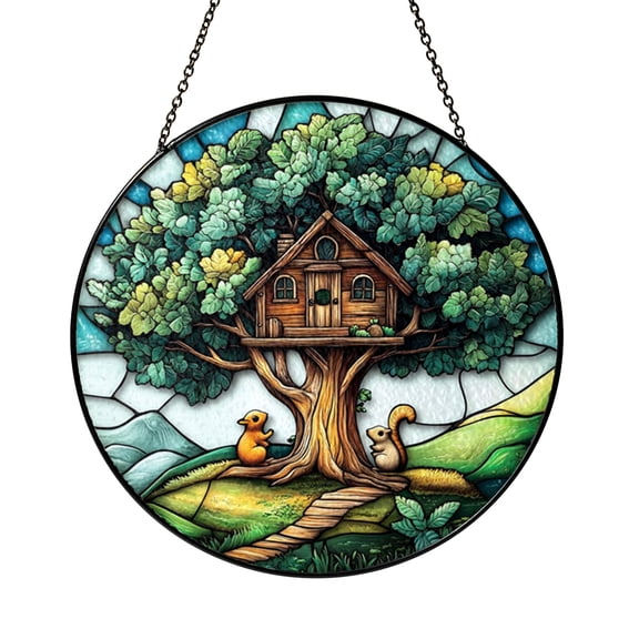 Treehouse With Squirrels Stained Glass Suncatcher, Woodland Window Decor, Warm Nature Light Gift