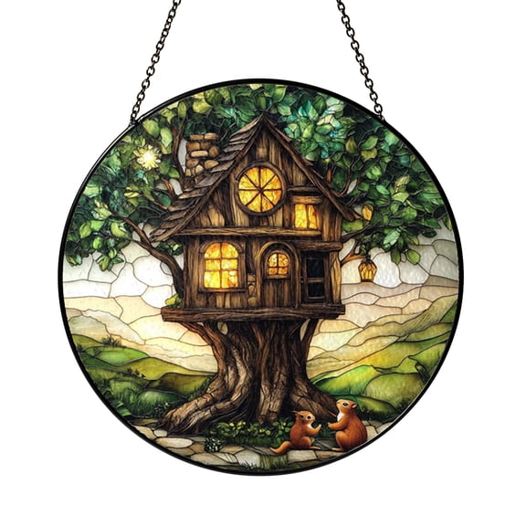 Treehouse Woodland Glass Style Suncatcher Window Hanging, Cabin Nature Art Panel, Decorative Ornament Accent Gift
