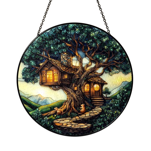 Treehouse Woodland Scene Glass Suncatcher Round Window Hanging, Rustic Forest Decor Gift for Mom Home Display