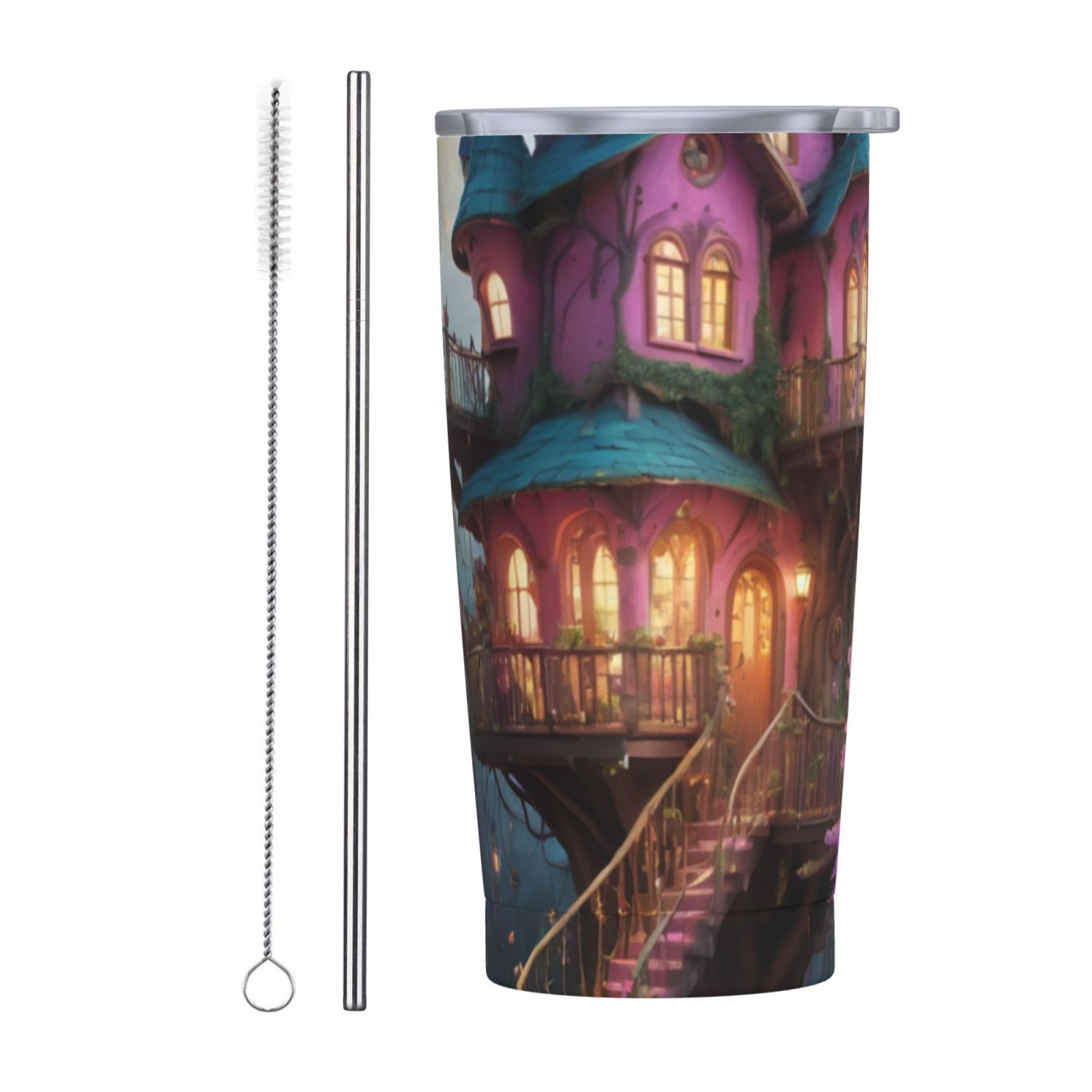 Treehouse in Lush Forest Oasis Coffee cup, 20 ounce car cup, stainless