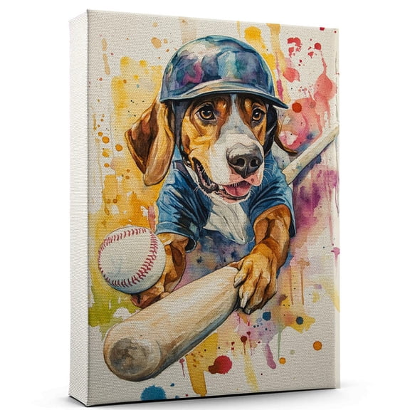 Treeing Walker Coonhound Dog Canvas Canvas  Baseball Theme Dog Art for Wall, Treeing Walker Coonhound Dog Playing Baseball Wall Art, Dog Lover Canvas Decor