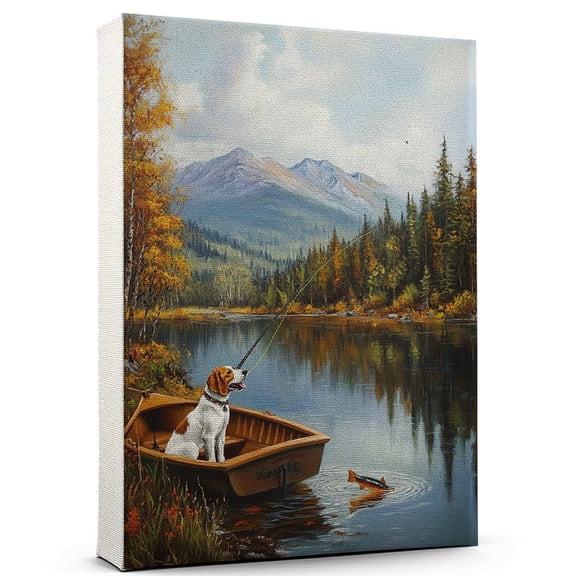 Treeing Walker Coonhound Vintage Dog Fishing Canvas  Artistic Sports, Treeing Walker Coonhound Dog with Fishing Canvas Wall Print for Bedroom, Living Room, Office