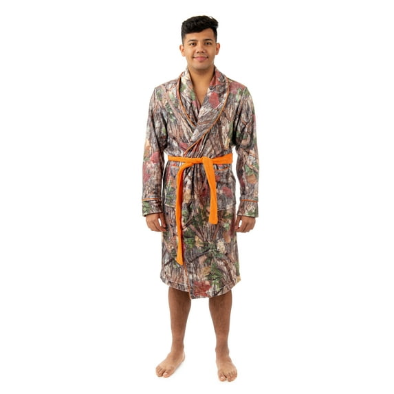 Treel Men's Coral Fleece Camo Wraparound Belted Lounge Robe, L, Orange