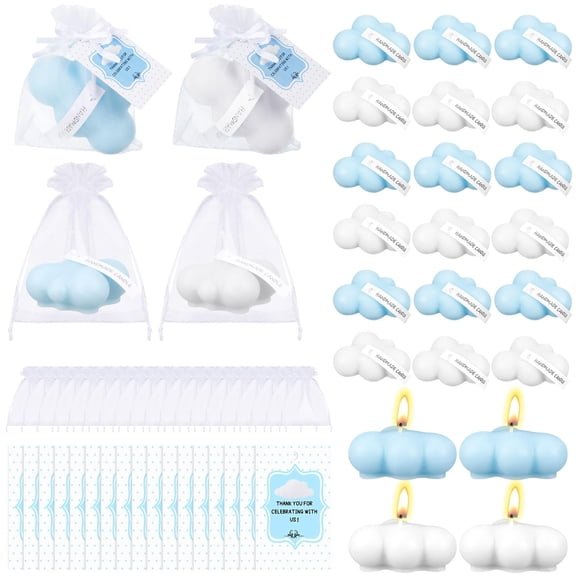 Treela 24 Sets Cloud Baby Shower Party Favors for Guests Small Cloud Shaped Tealight Candles Thank You Tags Return Gifts for Baby Shower Cloud 9 Theme Party Favor and Decorations(White, Blue) Y101