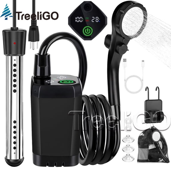 Treeligo Portable Camping Shower with Heater, 6000mAh Rechargeable Portable Shower with 2000W Immersion Heater, 3 Spray Modes,IPX7 Waterproof Outdoor Camp Pump for Hiking, Travel, Car, Pet