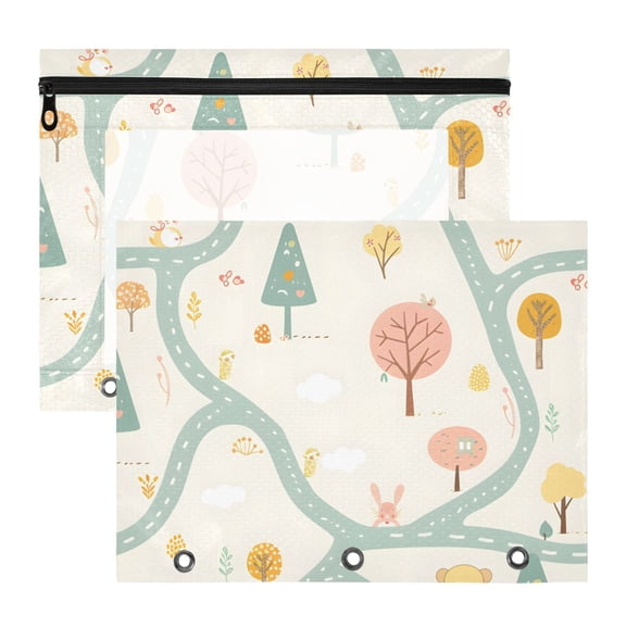 Trees Bears Rabbits Roads 3-Ring Binder Pouches A4 Size Zipper Pocket File Storage 2 Packs