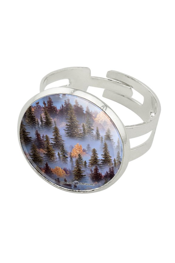 Trees Forest Woods Outdoors Camping Pattern Silver Plated Adjustable Novelty Ring