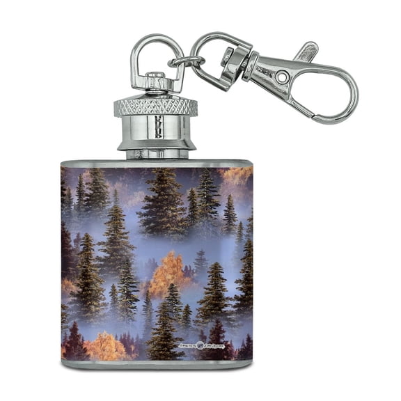 Trees Forest Woods Outdoors Camping Pattern Stainless Steel 1oz Mini Flask Key Chain