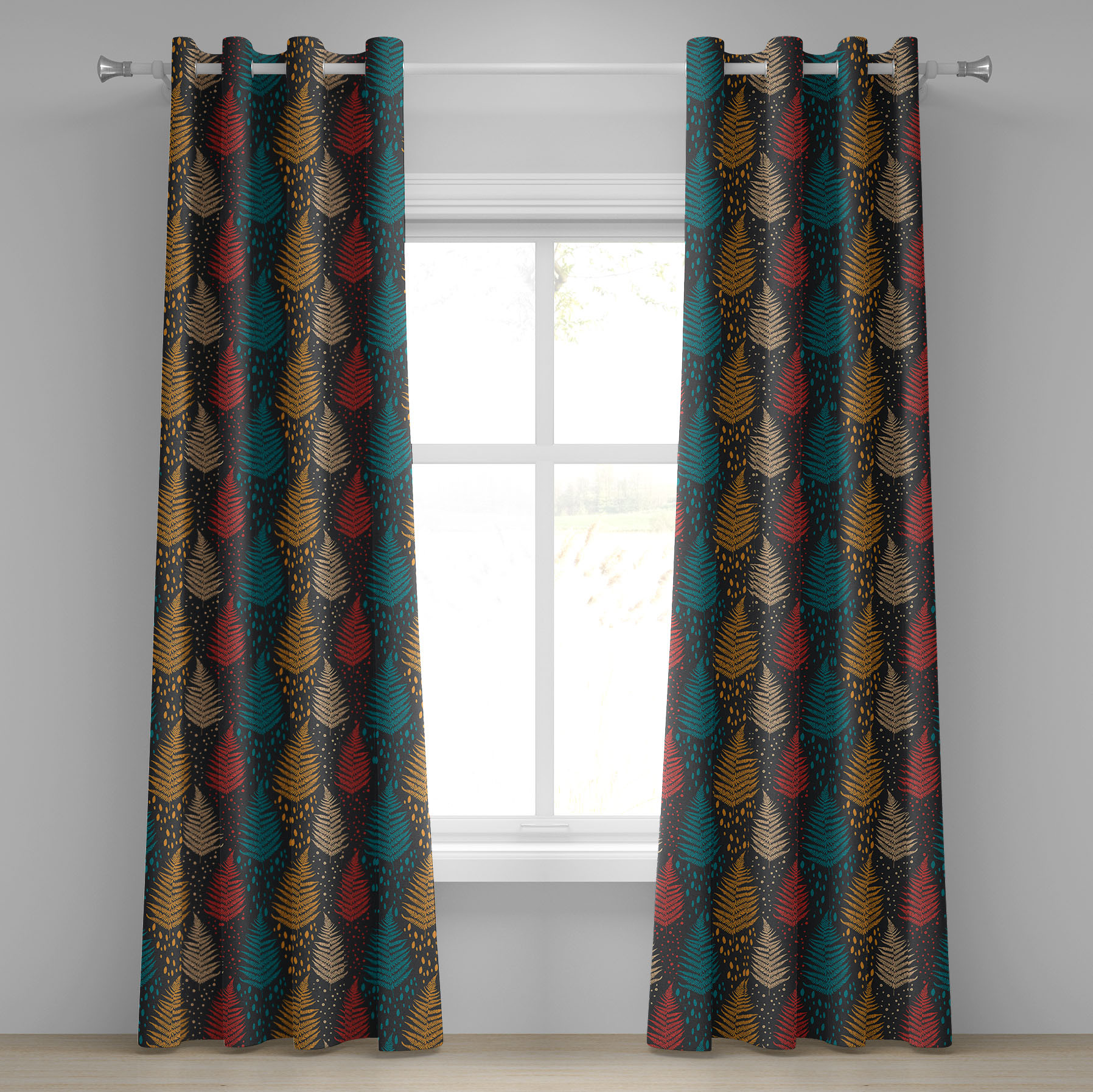 Trees Grommet Curtain, Winter Forest Pattern with Marigold Scarlet and