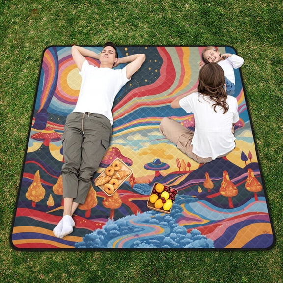 Trees Groovy Landscape Beach Blanket Outdoor Picnic Blanket 78"x 78" Waterproof Foldable for Beach Camping Travel Hiking Grass Lawn Park