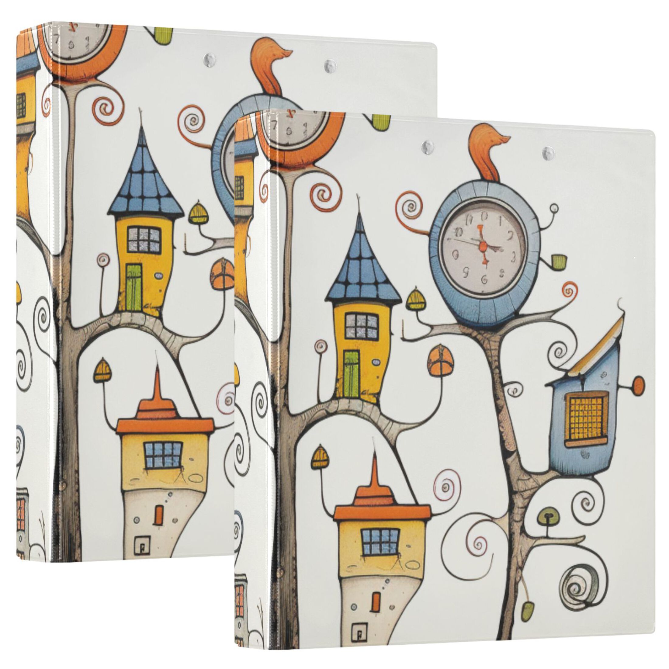 Trees Houses Clocks 3 Ring Binders 1.5 inch Hardcover File Folders with ...