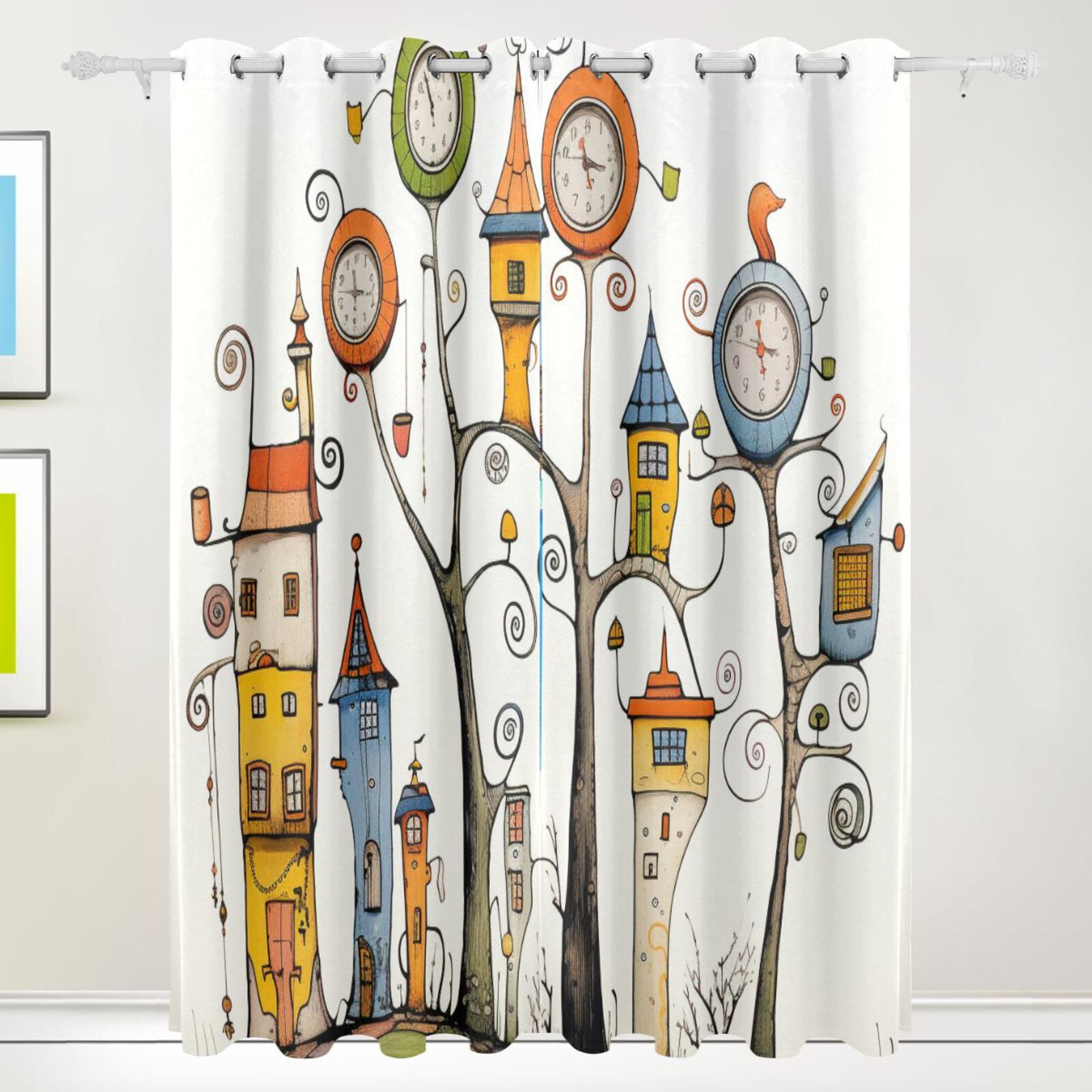 Trees Houses Clocks Black Out Curtains 84 Inch Length Curtains for Sliding Glass Doors Bedroom Living Room 2 Pack