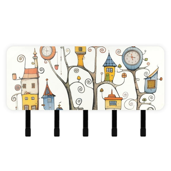 Trees Houses Clocks Mail Holder Organizer Wall Mount with Shelf Key Holder Key Rack with 5 Key Hooks for Wall Decorative