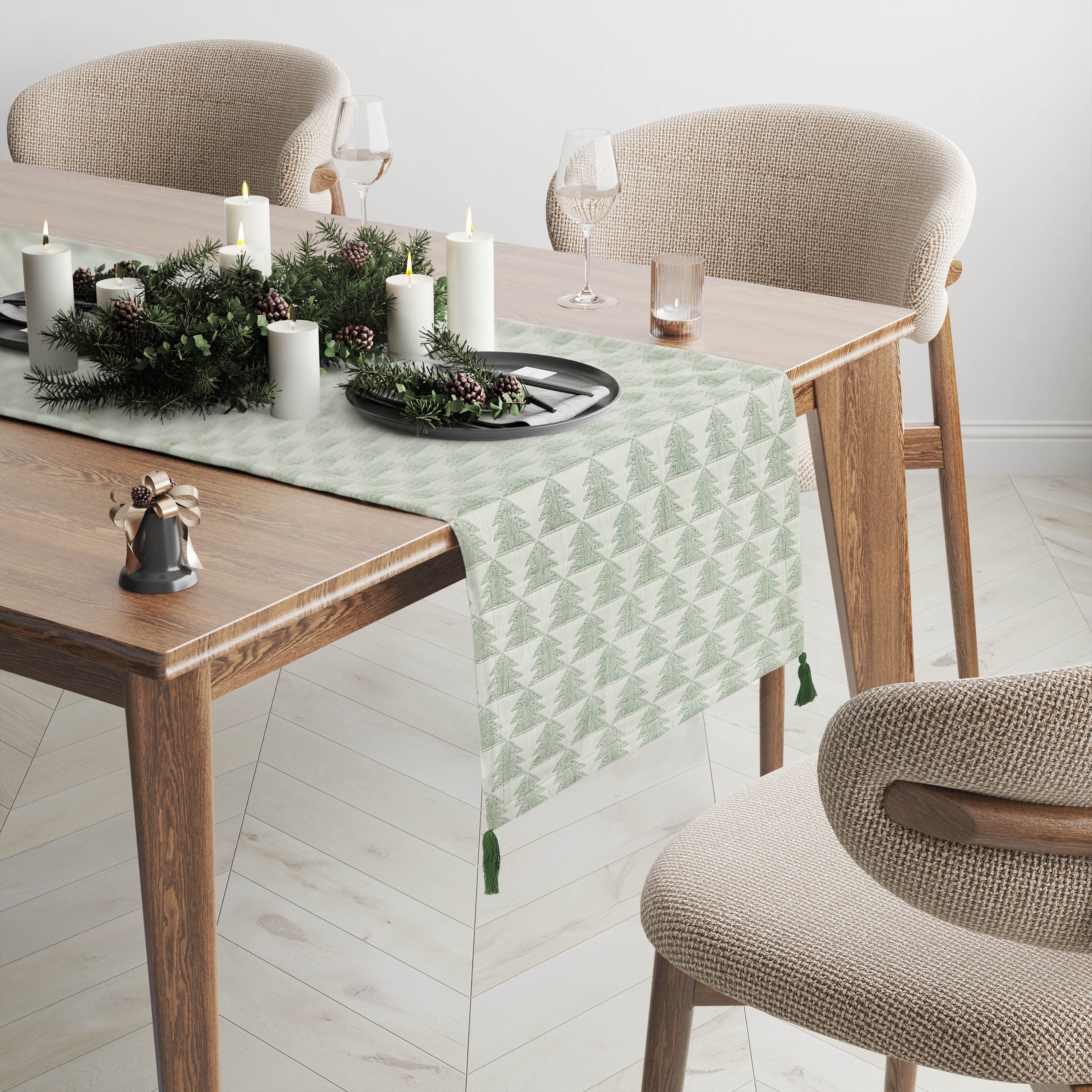 Holiday Trees Jacquard 13" x 72" Table Runner- 100% Cotton, Green