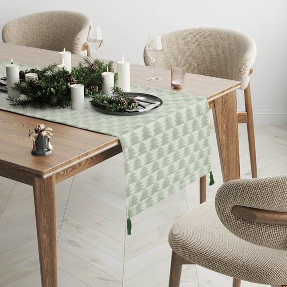 Holiday Trees Jacquard 13" x 90" Table Runner- 100% Cotton, Green