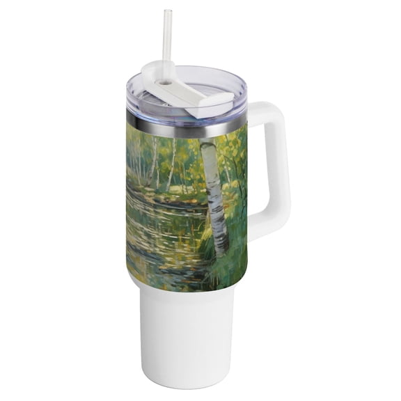Trees Lake Forest 40 oz Tumbler with Handle Insulated&nbsp;Travel Mug&nbsp;Lid Straw Leak Proof Steel Vacuum Water Bottles Glasses Fits in Car Cup Holder