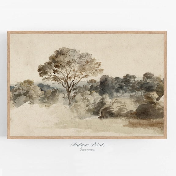 Trees Landscape Antique Wall Art, Neutral Horizontal Vintage, Cottage Wall Decor, Nature Landscape Wall Art, Home Decor #711, 12x18 UNFRAMED