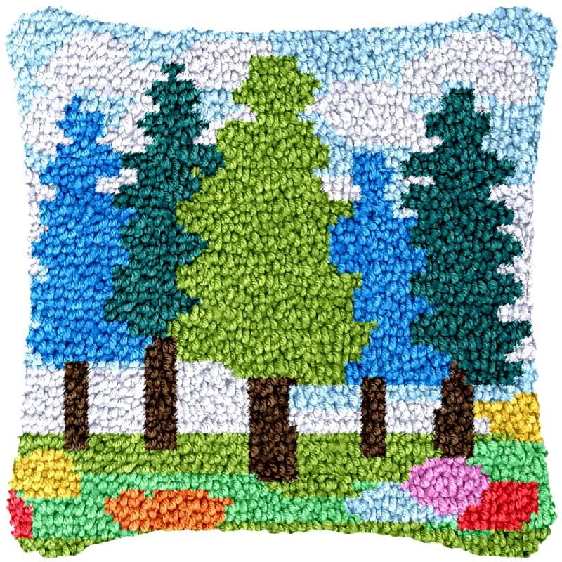 Trees Latch Hook Pillow Cover Kits for DIY Handmade Throw Pillow Cross Stitch Latch Hook Pillowcase Rug Kits with Preprinted Color Pattern Canvas Crochet Yarn Kits 17''X 17''(fv37)