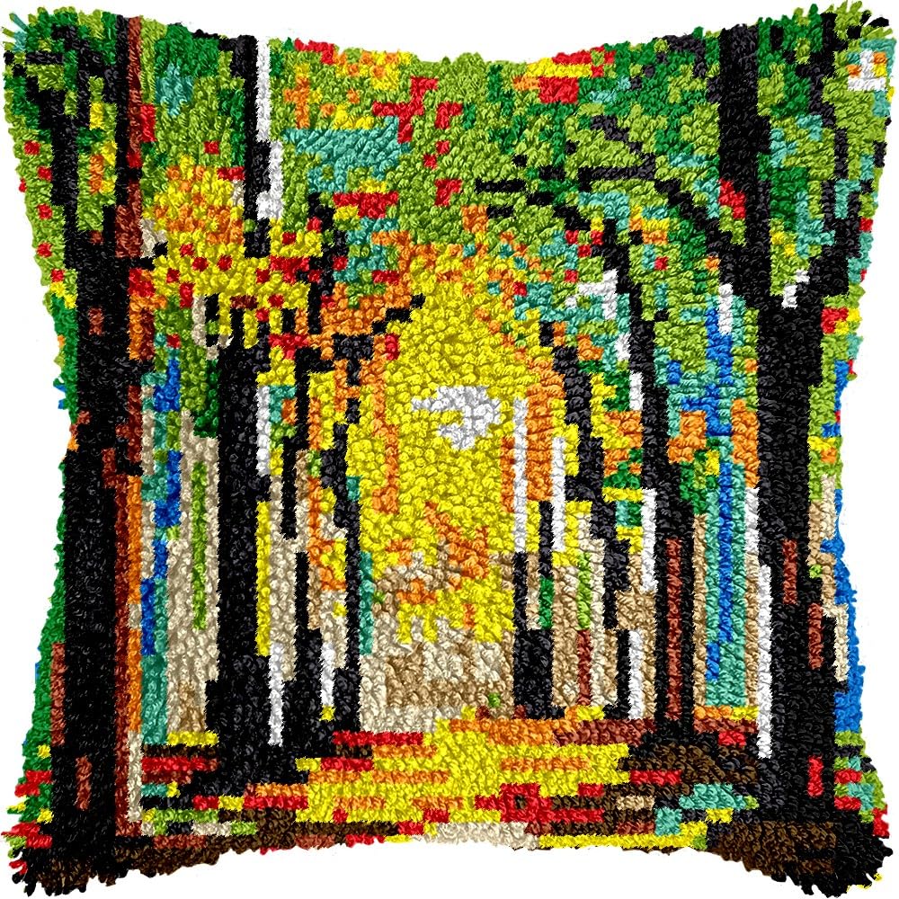 Trees Latch Hook Pillow Kits for DIY Throw Pillow Cushion Embroidery Latch Hooking Pillowcase Kits with Preprinted Canvas Crochet Yarn Kits for Home Decor 17''X 17''(d302)