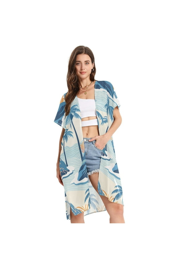 Trees Mountain Ocean Sea Women Swimsuit Cover up V Neck Beach Dress Short Sleeve Vacation Outfits Swimwear