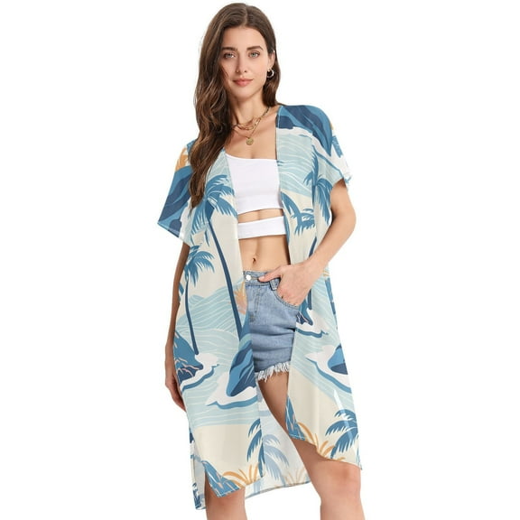 Trees Mountain Ocean Sea Women Swimsuit Cover up V Neck Beach Dress Short Sleeve Vacation Outfits Swimwear