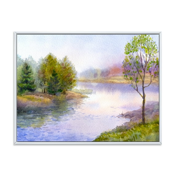 Trees On The Bank Of River 32 in x 16 in Framed Painting Canvas Art Print, by Designart