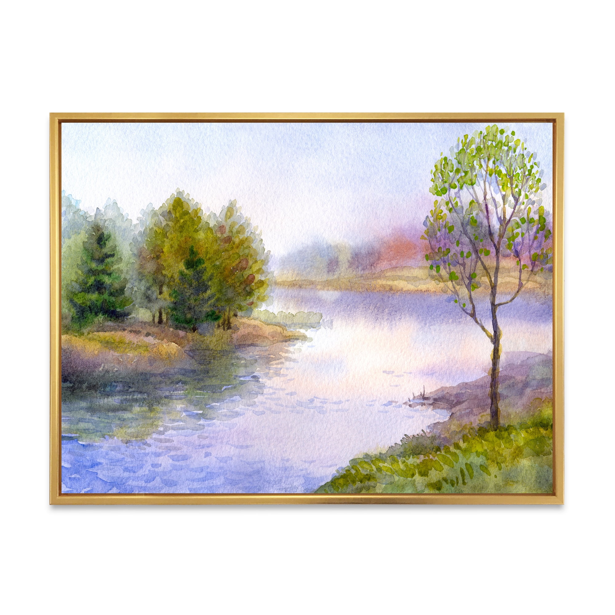 Trees On The Bank Of River 32 in x 24 in Framed Painting Canvas Art Print, by Designart