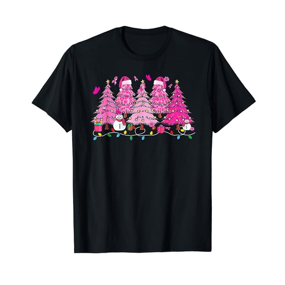 Trees Pink Merry Christmas 2023 Buffalo Plaid Lights Women T-Shirt