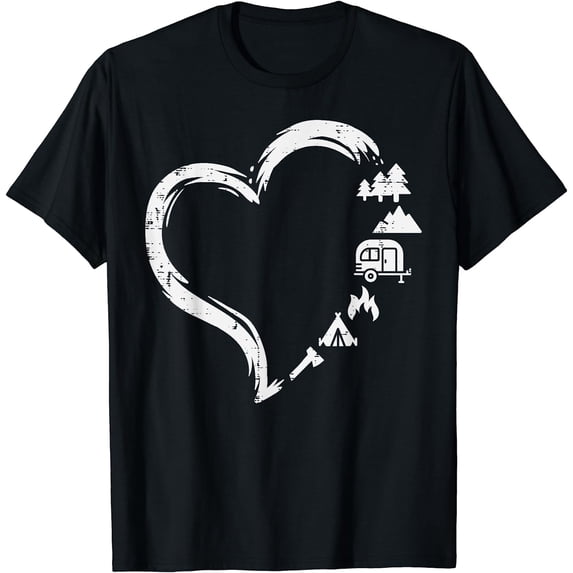 Trees RV Van Campfire Tent Heart Cute Love Camping Camper T-Shirt