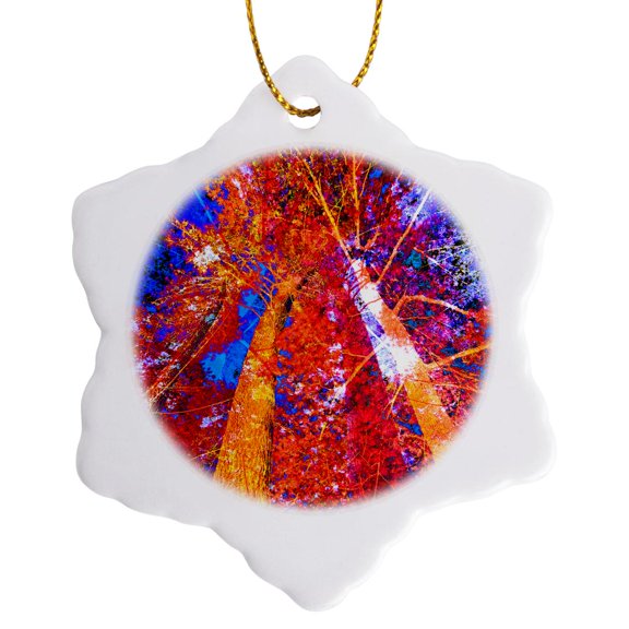 3drose, Trees Reaching into the Sky with an Abstract Mixture of Bright Colors, 3 inch Snowflake Porcelain Ornament