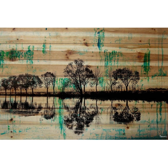 "Trees Reflect Green 2" Painting Print on Natural Pine Wood