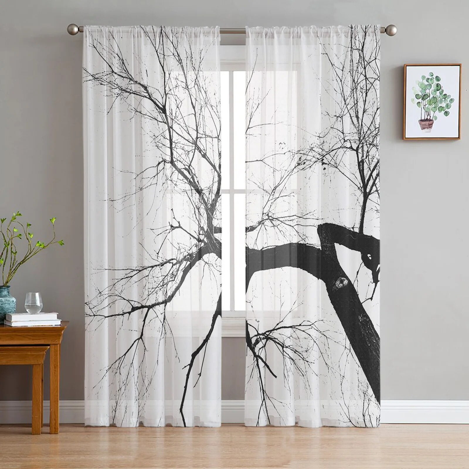 Trees Simple Black And White Voile Curtain for Living Room Door Gauze ...