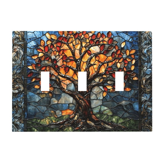 Trees Stained Glass Art 3-Gang Wall Plate Modern Decorative Triple Toggle Switch Cover for Home & Commercial Use