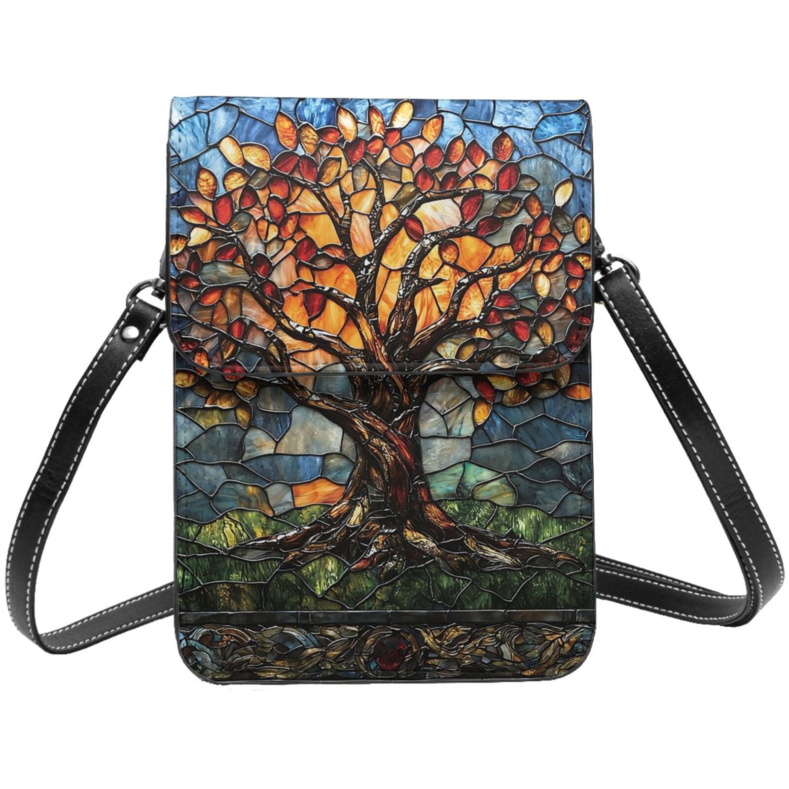 Trees Stained Glass Art Cell Phone Purse Small Crossbody Bag with Strap Credit Card Slots Leather Shoulder Wallet for Women