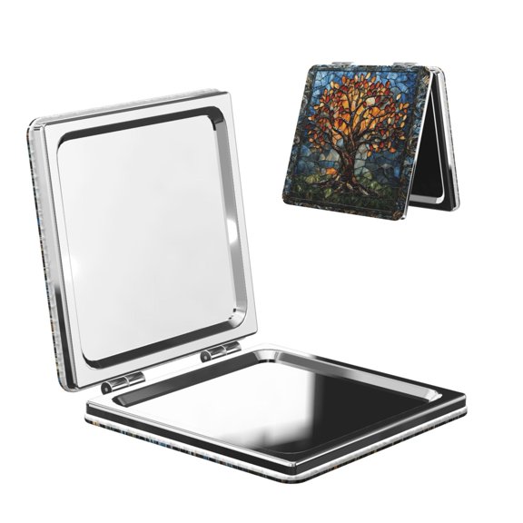 Trees Stained Glass Art Portable Double-Sided Face Mirror Square, Magnifying Compact Pocket Mirror with PU Leather Cover