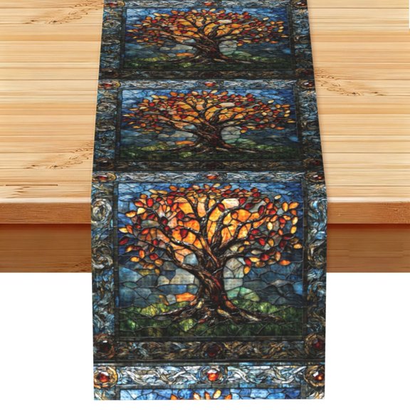 Trees Stained Glass Art Table Runner 13x72 Inch for Dining Table Kitchen Wedding Party Decor Fireplace Mantle