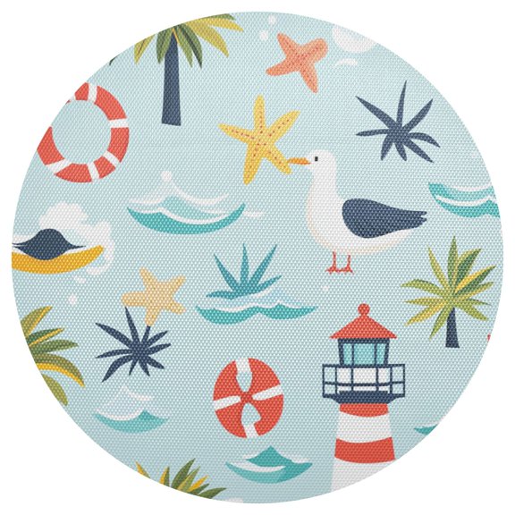 Trees Starfishes Lighthouses Swim Circles Cartoon PVC Round Grid Placemat Table Mat 1 Pc 15.4" x 15.4"