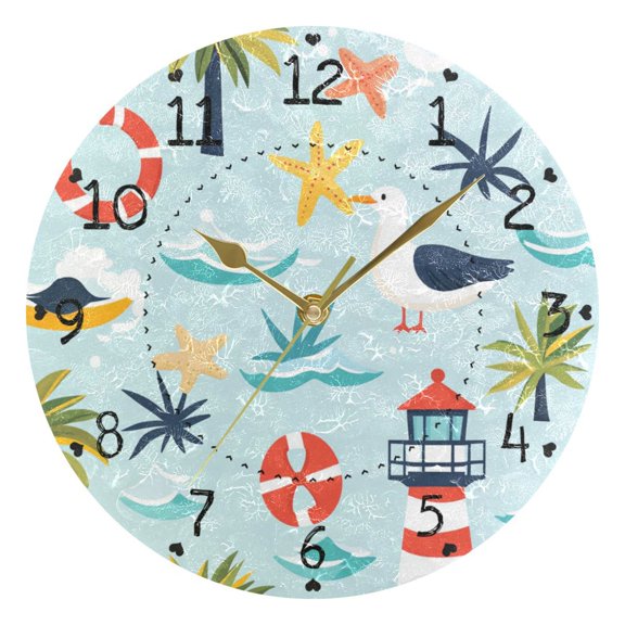 Trees Starfishes Lighthouses Swim Circles Cartoon Round Wall Clock Silent Analog Battery Operated Gold Pointer Home Decor 9.84" Diameter