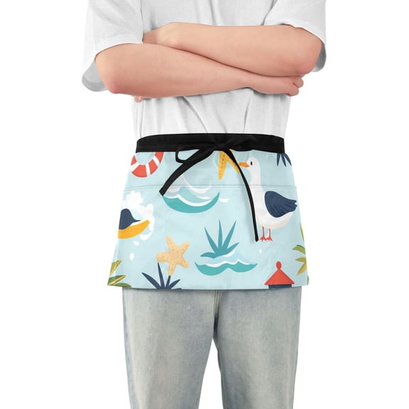 Trees Starfishes Lighthouses Swim Circles Cartoon Short Server Apron with 3 Pockets for Unisex Chef Gardening