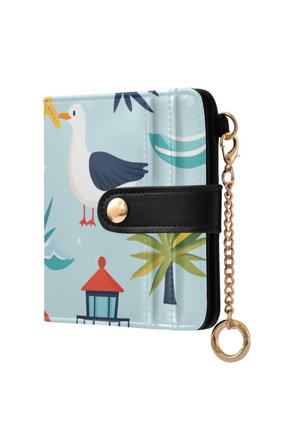Trees Starfishes Lighthouses Swim Circles Cartoon Women's Wallet PU Leather Card Cases RFID Blocking Purse Billfold with Key Ring