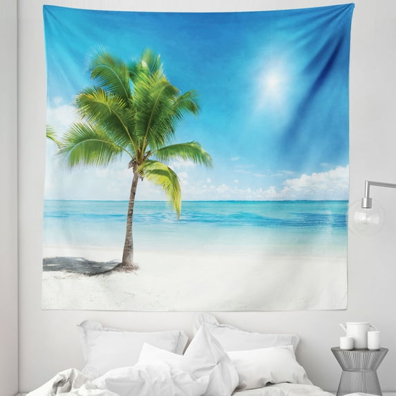 Trees Tapestry, Coastal Caribbean Scenery Summer Tropical Ocean Scenery Palm Sands, Fabric Wall Hanging Decor for Bedroom Living Room Dorm, 5 Sizes, Azure Blue Aqua and Green, by Ambesonne