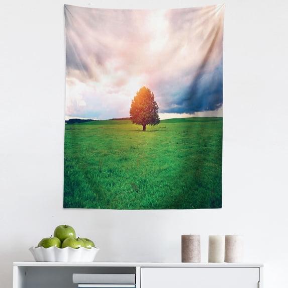 Trees Tapestry, Oak in a Meadow on Cloudy Fall Day Romantic Idyllic Countryside, Fabric Wall Hanging Decor for Bedroom Living Room Dorm, 5 Sizes, Green Salmon and Slate Blue, by Ambesonne