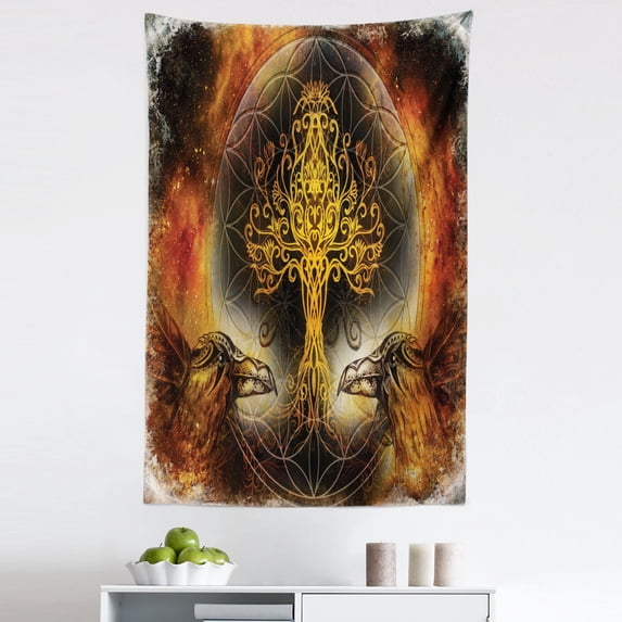 Trees Tapestry, Ravens and Folkloric Curlicue Inspired Motif Branches Ethnic Print, Fabric Wall Hanging Decor for Bedroom Living Room Dorm, 5 Sizes, Dark Orange Mustard and Grey, by Ambesonne