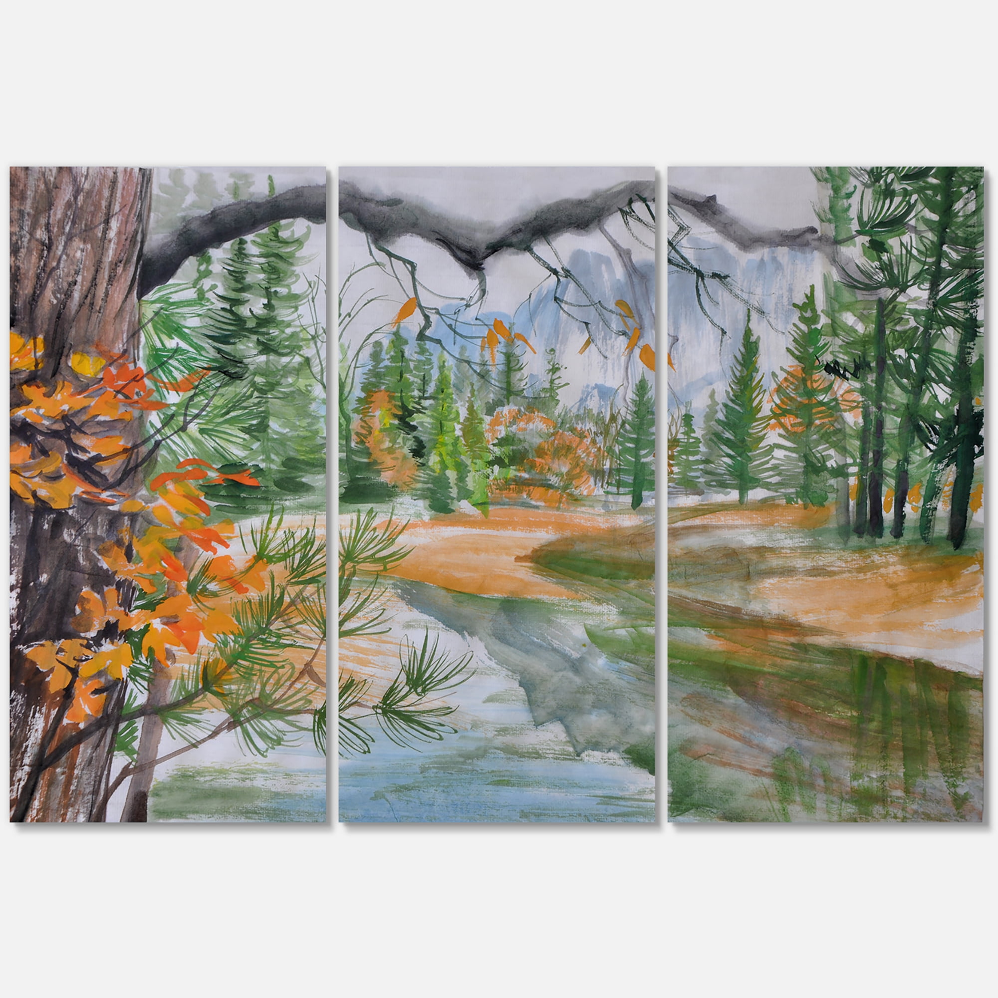 Trees With River In Autumn Forest 28 in x 36 in Painting Canvas Art Print, by Designart
