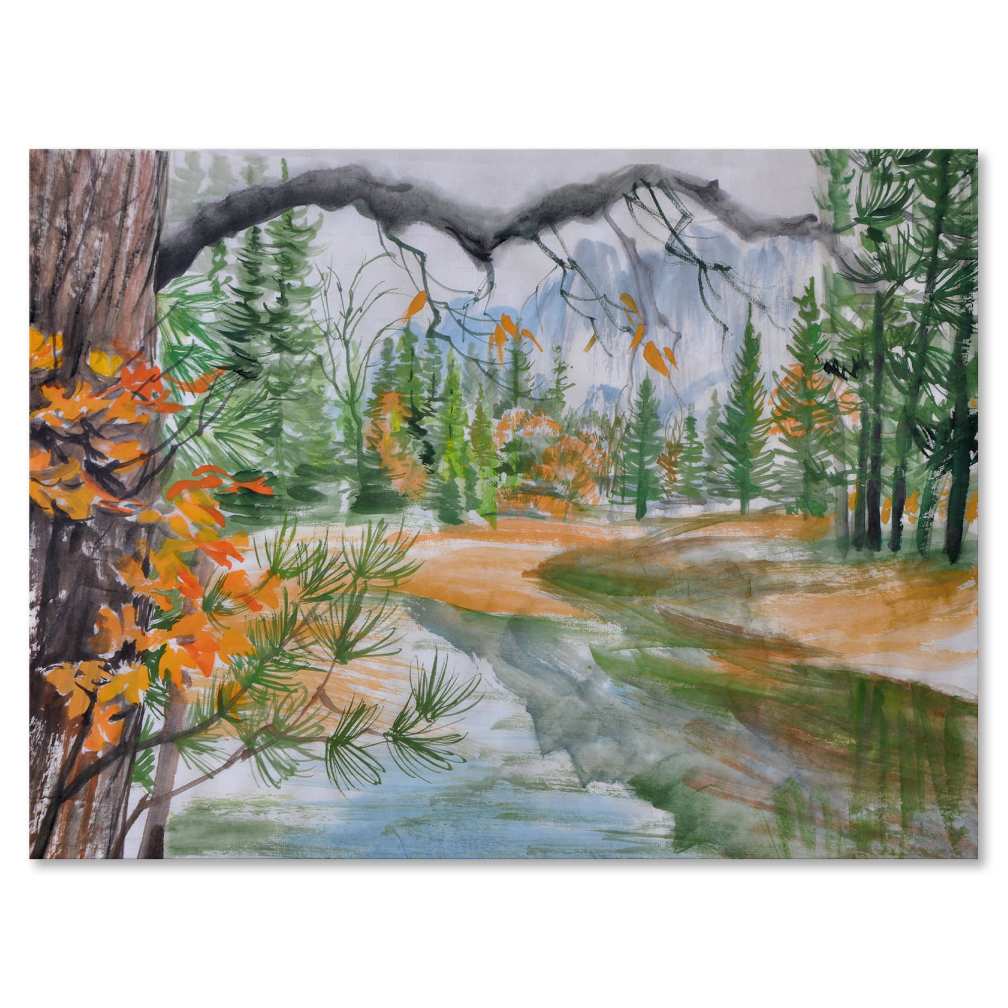 Trees With River In Autumn Forest 8 in x 12 in Painting Canvas Art Print, by Designart