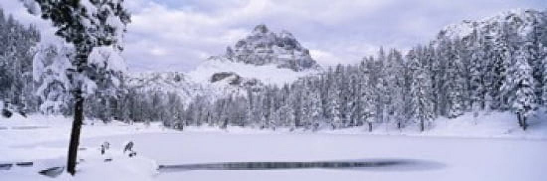 Trees along a frozen lake Lake Antorno Tre Cime Di Lavaredo Dolomites Cadore Province of Belluno Veneto Italy Canvas Art - Panoramic Images (18 x 6)