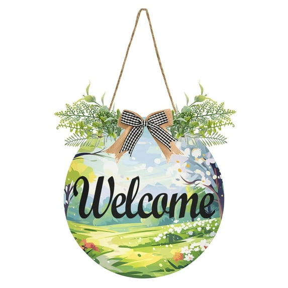 Trees and Flowers Welcome Sign for Front Door Wreath Door Sign for Farmhouse Porch Decoration Indoor Outdoor