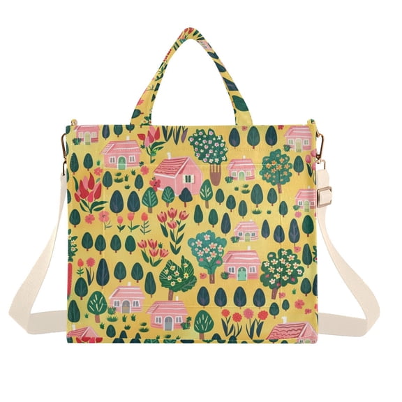 Trees and Houses Corduroy Tote Bag Handbag Large Messenger Bag Shoulder Crossbody Zipper Bag Purse