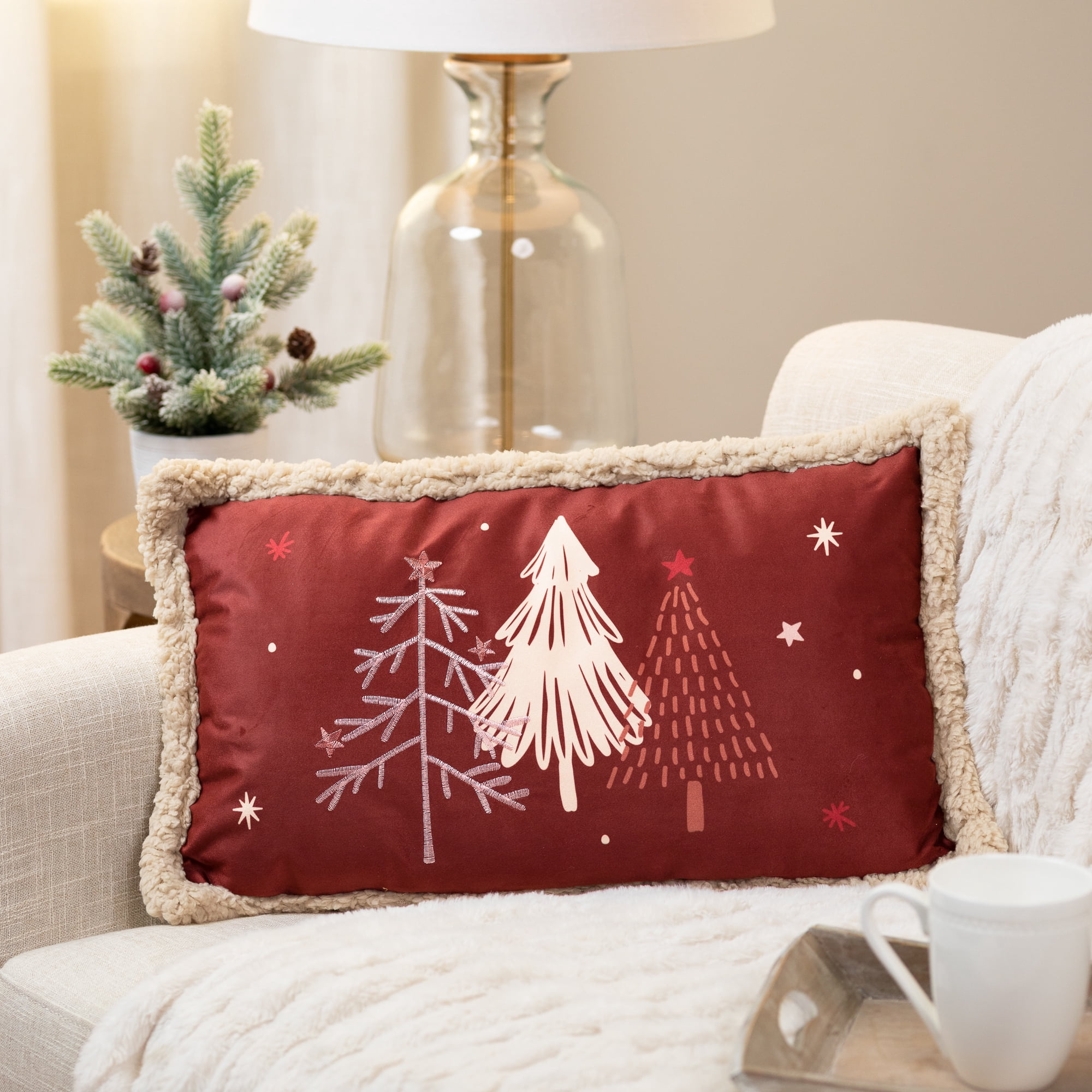 Trees and Stars Christmas Throw Pillow - 22" x 13" - Burnt Sienna Red and Beige