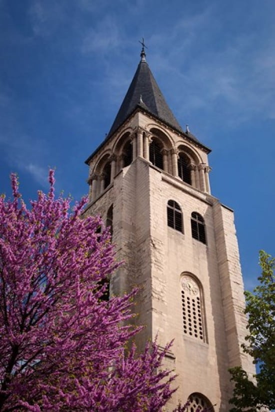 Trees below the Eglise Saint Germain Bell Tower Canvas Art - Brian Jannsen DanitaDelimont (18 x 27)